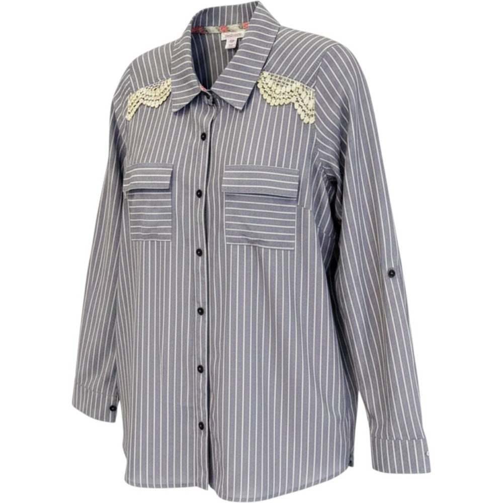 Xhilaration Striped Lace Button Up Shirt Womens M Blue White Boho Hippie Cowgirl